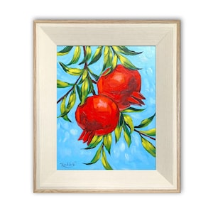 8 x 10 inches &quot;Pomegranates&quot; original painting by Irina Redine, Pomegranate tree branch framed and ready to hang one of a kind wall art