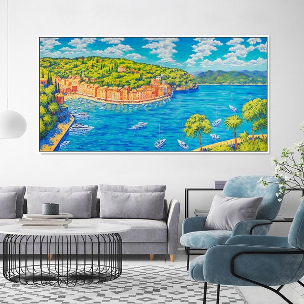 Portofino, the Italian Riviera – XLarge original acrylic painting by Irina Redine, 182x90cm extra large seascape one of a kind wall art