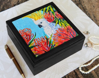 Jewellery Box | Keepsake Box featuring "Cockatoo's Secret Garden" painting by Irina Redine, Sulphur-Crested Cockatoo print, gift idea