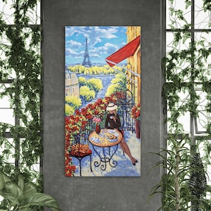 Breakfast in Paris Canvas Art Print, Eiffel Tower Home Wall Art, Parisian Woman and Cat Wall Art, Birthday Gift
