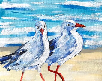 Seagulls at the beach original one of a kind painting by Irina Redine, Australian birds framed and ready to hang handmade wall art