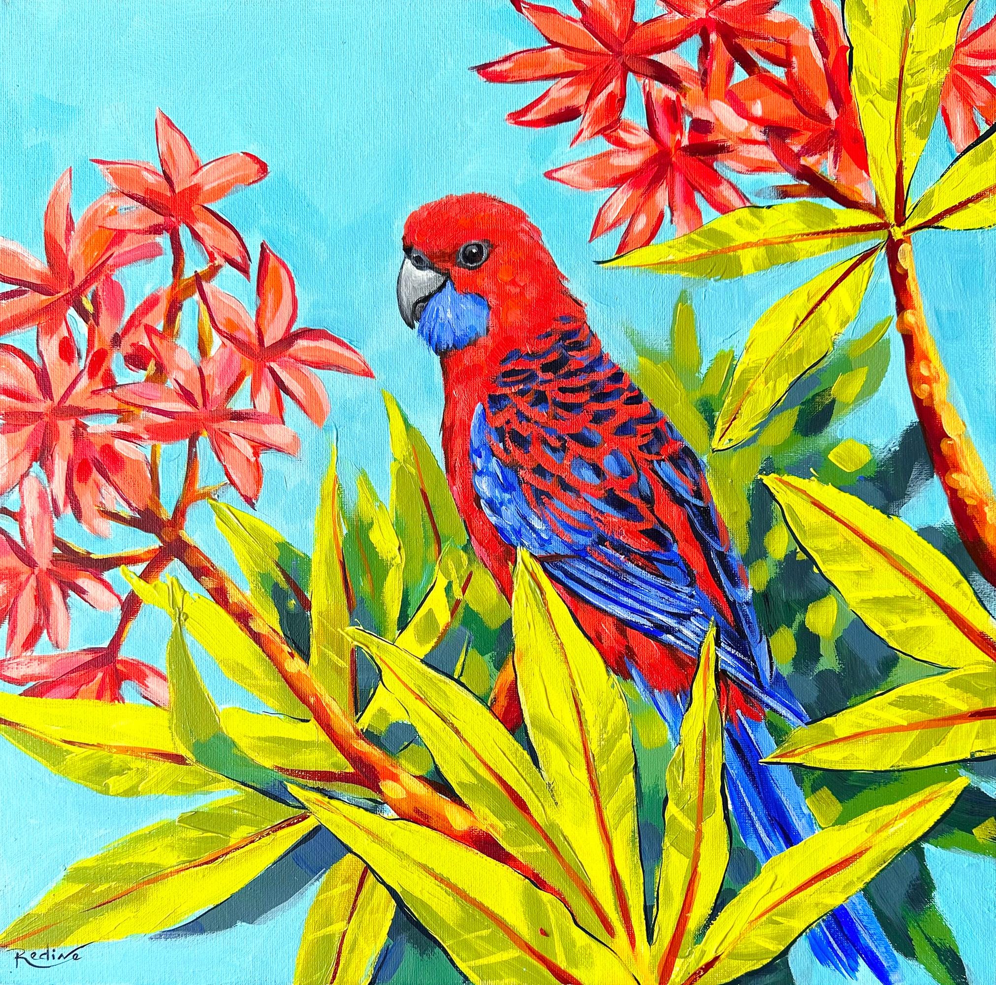 16 x 16 inches "Crimson rosella in Frangipani flowers" original painting by Irina Redine, Tropical bird one of a kind framed wall art