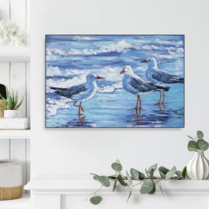 Möwen am Strand Leinwanddruck mit original Malerei von Irina Redine, Möwen Leinwand Kunst, Geschenkidee