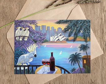 Sydney postcards, A6 postcard featuring the painting "Sydney Holidays – Red Wine, Cockatoos, and Opera House Views" by Irina Redine