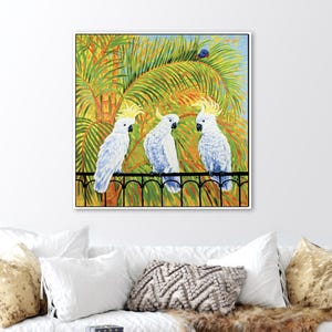 Australian Birds framed canvas print featuring original painting by Irina Redine, Cockatoo and Rainbow Lorikeet canvas wall art