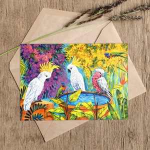 Postales de aves y plantas australianas, tamaño A6, con la pintura "Paraíso encontrado" de Irina Redine.
