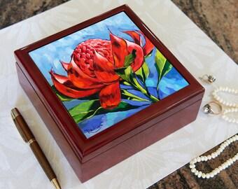 Jewellery Box | Keepsake Box featuring Red Waratah flower painting by Irina Redine, one of a kind tropical home gift idea