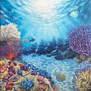 Kingdom Of Neptune, Underwater Paradise – stampa su carta d'archivio di qualità museale con dipinto a olio originale di Irina Redine