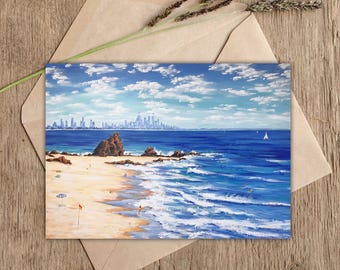 Currumbin Beach Painting Postcard, Gold Coast Australia