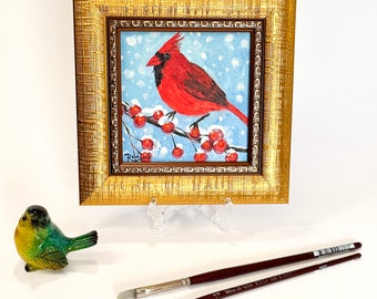 Red Cardinal framed petite painting by Irina Redine, red bird tiny artwork, one of kind gift idea