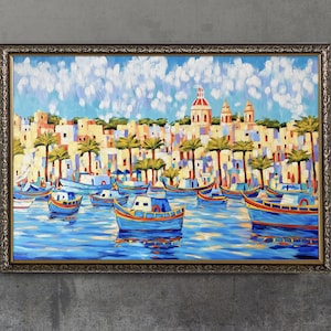 36 x 24 inches &quot;Malta seascape&quot; original painting by Irina Redine, Malta Traditional Fishing Boats one of a kind wall art