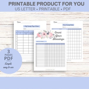 Peut inclure: Planificateur PDF imprimable avec trois pages pour la routine de prière hebdomadaire, les activités de l'église et le comptage des bénédictions. Les pages ont un fond bleu clair avec un motif floral.