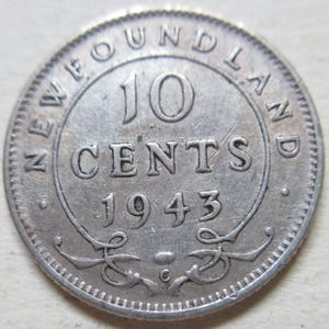 1943 Canada Newfoundland Silver Ten Cents Coin. Dime 10 cents 10c