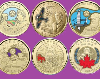 Set Of 2020 - 2024 Canada Colored Loonies. Six One Dollar Coins. Mint UNC