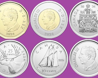 Complete Set of Six 2024 Canada Coins Nickel, Dime, Quarter, Half dollar, Loonie, Toonie Mint Conditioed Uncirculated