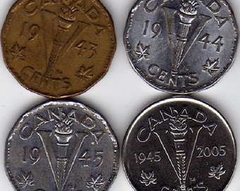 1943 - 2005 Canada Set of Complete VICTORY NICKELS 1943, 1944, 1945 & 2005. Five Cents 5c