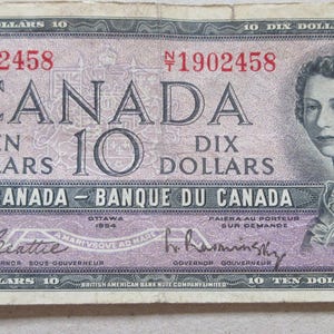 1954 Billet de dix dollars de la Banque du Canada. Billet de meilleure qualité en papier-monnaie Billet de banque