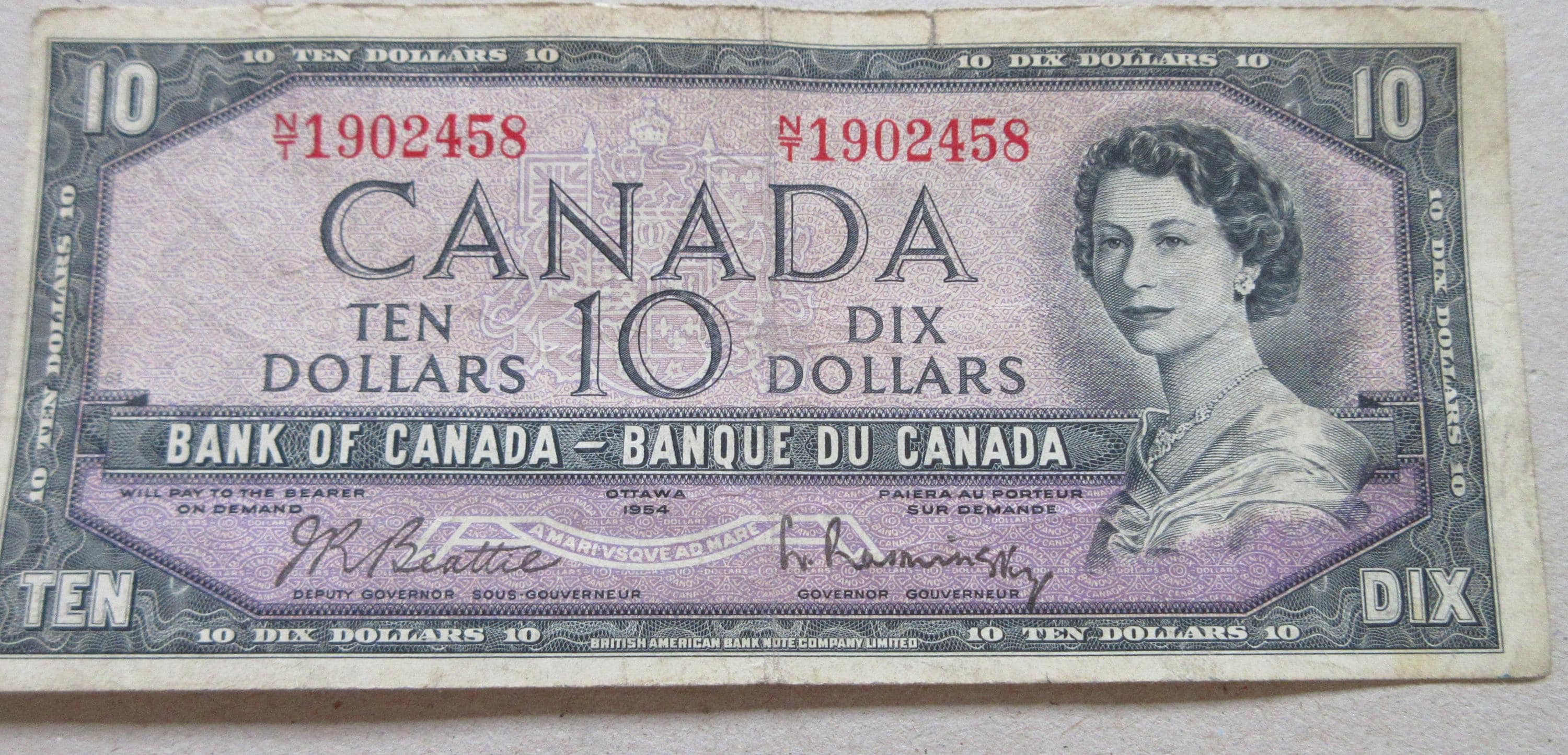 1954 Bank of Canada Ten Dollar  Bill. BETTER GRADE Bank Note Paper Money Bank Note