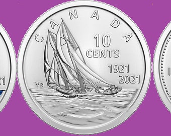 Set of Three 2021 Canada Bluenose 100th Anniversary Dime Coins Color & Reg Mint Conditioned  UNC 10 Cent