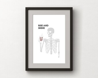 Skeleton Coffee Bar Art - printable skeleton decor, wall art, skeleton print, coffee wall decor, coffee print, skeleton with iced coffee
