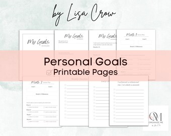 May include: Printable pages for setting personal goals. The pages include sections for monthly action plans, milestones, weekly checklists, daily check-ins, and a space to record achievements. The pages are designed with a minimalist aesthetic and feature a pink and gray color scheme.