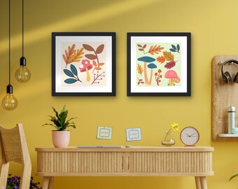 Mushroom Art Set - fall mushroom, autumn mushroom, woodland prints, printable fall, forest autumn art, printable fall art, digital mushroom