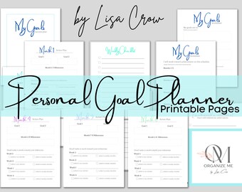 May include: A printable personal goal planner with a blue and green color scheme. The planner includes pages for setting monthly goals, action plans, and weekly check-ins. The cover page features the text "My Goals" and "Personal Goal Planner Printable Pages".
