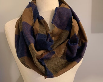 Blue & Brown Buffalo Plaid Flannel Infinity Scarf with Fringe