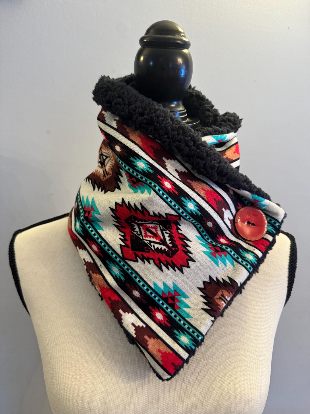 Handmade Aztec Flannel and Sherpa Neck Scarf: Button Bandana Neck ...