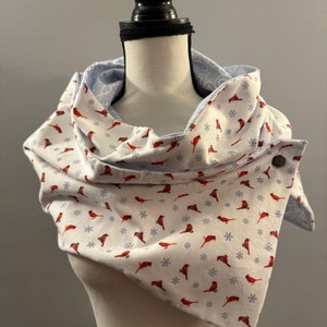 Cardinal & Snowflake Flannel Scarf, Button Scarf, Infinity Scarf, Bandana Scarf