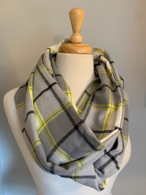 Grey, White Yellow Plaid Infinity Scarf, Loop Scarf, Scarf, Long