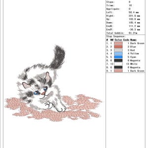 May include: An embroidered design of a playful kitten with blue eyes, featuring a mix of white, gray, and black fur. The cat is depicted in a dynamic pose, with its tail up and a smiling expression. The design is set on a textured, pinkish-brown background.