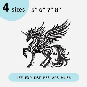 Peut inclure: Motif brodé noir et blanc d'une licorne ailée. L'image comprend le texte "4 tailles" et des mesures de 12,7 cm, 15,2 cm, 17,8 cm et 20,3 cm. Le bas de l'image contient le texte "JEF EXP DST PES VP3 HUS6".