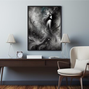 Abstract Digital Art Print – Mystical Woman in the Forest | Surreal Feminine Wall Art | Nature-Inspired Printable Poster
