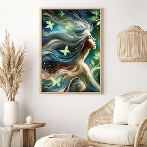 Abstract Digital Art Prints – Mystical Woman in the Forest | Surreal Feminine Wall Art | Nature-Inspired Printable Poster