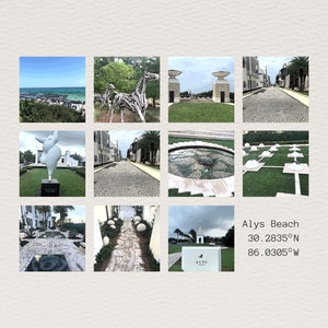 May include: A collage of images showcasing the architecture and landscaping of Alys Beach, Florida. The images include a white horse sculpture, a cobblestone street, a fountain, and a sign with the text "Alys Beach 30.2835°N 86.0305°W".