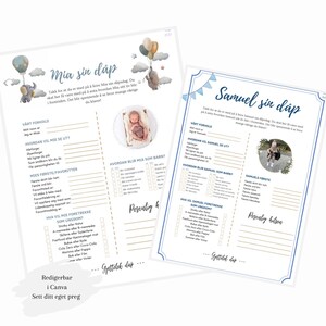 Puede incluir: Dos tarjetas de juego de baby shower imprimibles con bordes azules y blancos. Las tarjetas están tituladas "Mia sin dap" y "Samuel sin dap" y presentan una lista de preguntas para que los invitados puedan responder sobre el bebé. Las tarjetas están decoradas con globos e ilustraciones de un bebé.