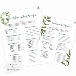 Puede incluir: Un juego de fiesta de confirmación imprimible con un diseño floral verde. El juego pide a los invitados que compartan sus pensamientos sobre la persona que se confirma, incluyendo sus esperanzas para su futuro. El juego se titula "Mathea sin konfirmasjon" e incluye la fecha "28 2023".