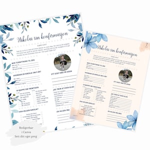 Puede incluir: Un juego de fiesta de confirmación imprimible con un diseño floral azul. El juego presenta preguntas sobre la persona que se confirma, incluyendo su personalidad, intereses y planes futuros. El juego también incluye una sección para que los invitados escriban un mensaje a la persona que se confirma.