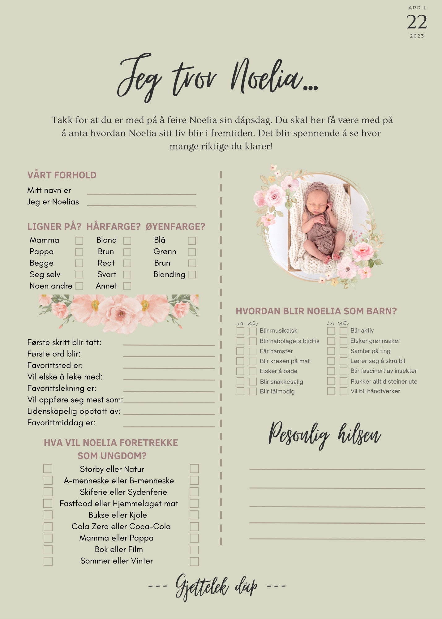 Dåpsark/en Hilsen Til Dåpsbarnet - Norsk - Dåp/navnefest Spådom Spådom for  Fremtiden Spådomark - Etsy, image size:1429x2001