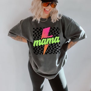 Neon Mama Shirt, Checkered Mama Shirt, Lightning Bolt Shirt, Mothers Day Gift, Retro Checkered Mom Tshirt, Comfort Colors® Tee, Gift for Her