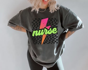 Neon Nurse Shirt, Retro Checkered Nurse Shirt, Lightning Bolt, Registered Nurse, Nurse Life Shirt, Cute Nurse Tshirt, Comfort Colors® Tee
