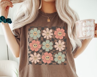 Checkered Flower Shirt, Retro Flowers Tshirt, Summer Shirt