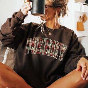 Merry Christmas Sweatshirt, Plaid Christmas Sweatshirt, Cozy Christmas, Family Christmas Crewneck, Preppy Christmas, Unisex Holiday Apparel