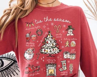 Comfort Colors® Christmas Long Sleeve Shirt, Tis the Season Shirt, Retro Holiday Shirt, Christmas Tree Shirt, Santa Shirt, Womens Christmas
