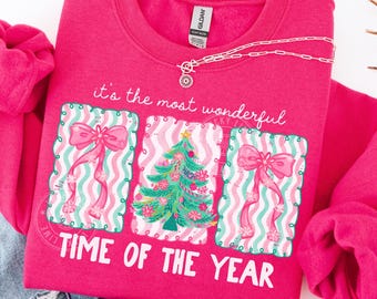 Preppy Christmas Tree Bow Sweatshirt, Merry Sweatshirt, Coquette Christmas Shirt, Pink Christmas Sweatshirt, Womens Holiday tShirt, Xmas Tee