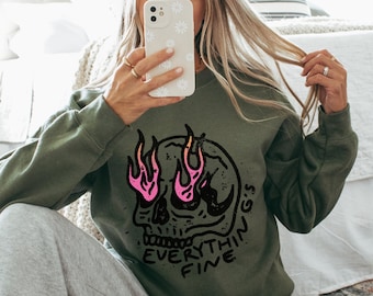 Everything is Fine Sweatshirt, Retro Grunge Shirt, Sarcastic Shirt, Funny Skeleton Sweatshirt, Skull on Fire Shirt, Rebel Tee, Pink Flames