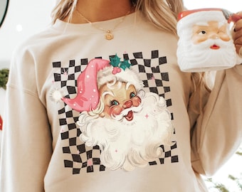 Retro Christmas Sweatshirt, Womens Christmas Sweatshirt, Holiday Sweater, Xmas Gift, Pink Santa Sweatshirt, Vintage Santa, Merry Christmas