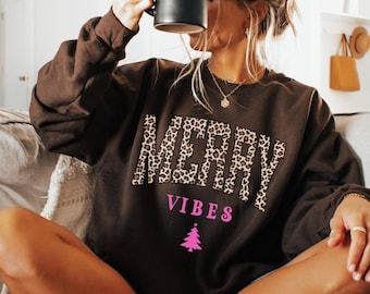 Merry Vibes Sweatshirt, Merry Christmas Sweatshirt, Leopard Print Shirt, Christmas Tree Sweatshirt, Holiday Sweater, Winter Shirt for Women