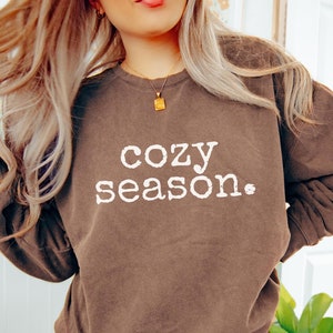 May include: A brown sweatshirt with the text "cozy season." printed in white.